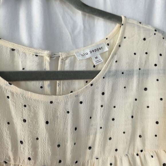 BLU PEPPER Women's Size M Babydoll Mini Dress Tiered Cream Black Polka Dot New - Picture 6 of 10